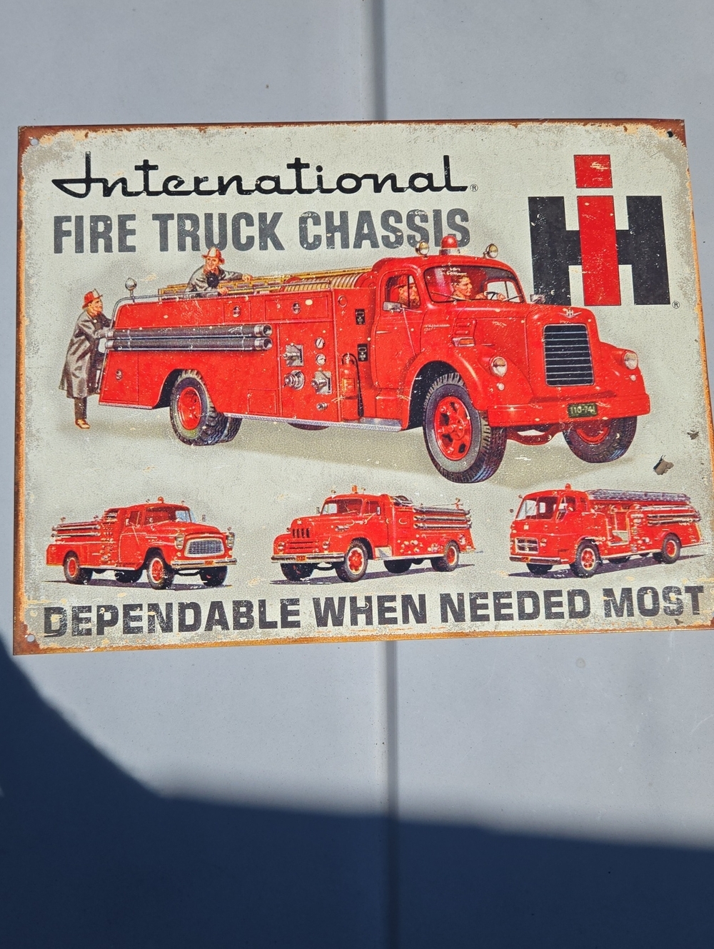26 International Red Fire Truck Chassis Metal Wall Sign